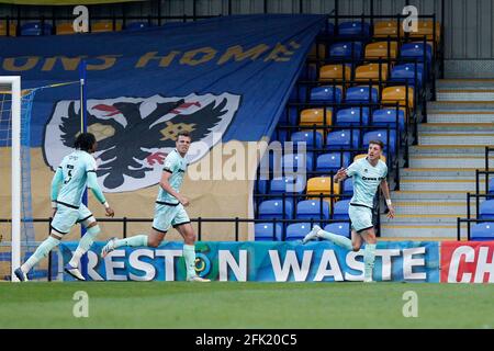 London, UK. 27th Apr, 2021. GOAL - Jake Beesley of Rochdale scores during the EFL Sky Bet League 1 match between AFC Wimbledon and Rochdale at Plough Lane, London, England on 27 April 2021. Photo by Carlton Myrie. Editorial use only, license required for commercial use. No use in betting, games or a single club/league/player publications. Credit: UK Sports Pics Ltd/Alamy Live News