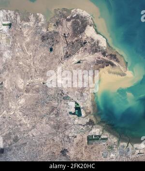 NASA satellite image of build up of sediment in delta of Yellow River, China Stock Photo