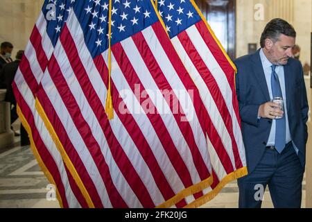 Washington, United States. 27th Apr, 2021. Sen. Ted Cruz, D-TX., walks away before a press conference by Republican leadership at the U.S. Capitol in Washington, DC on Tuesday April 27 2021. Senate Minority Leader Mitch McConnell spoke on President Joe Biden working with the GOP. Photo by Tasos Katopodis/UPI Credit: UPI/Alamy Live News Stock Photo