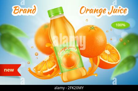 Orange ads. Placard vitamins juice bottle with splashes fruits spray vector advertizing graphic Stock Vector