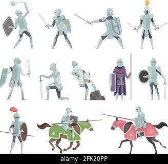 Knights. Medieval battle armor characters crusaders historical battle mascots vector cartoon Stock Vector