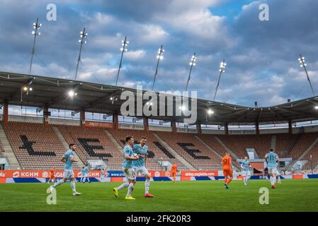 LUBIN, POLAND - APRIL 24, 2021: Football match Polish PKO Ekstraklasa between KGHM Zaglebie Lubin vs Piast Gliwice 2:2. In action Stock Photo