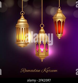 Islamic lamps background. Heritage arabic lanterns with beautiful glow effect religion ramadan concept vector illustration Stock Vector