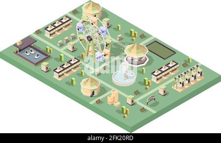 Amusement park. Happy kids attractions rollercoaster wheel fun swings festival cars balloons carousel vector isometric Stock Vector