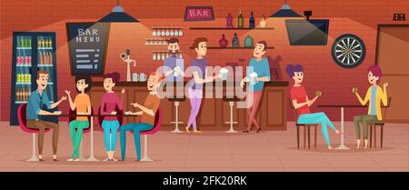Friends cafe interior. People meeting in restaurant bar for dinner drinking eating and joking group of best friends vector cartoon Stock Vector