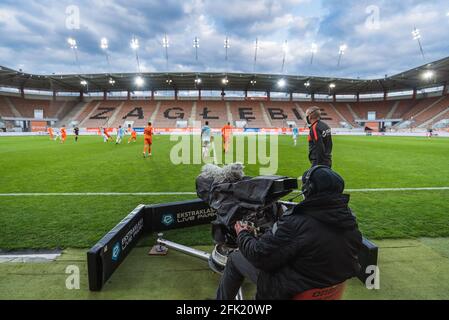 LUBIN, POLAND - APRIL 24, 2021: Football match Polish PKO Ekstraklasa between KGHM Zaglebie Lubin vs Piast Gliwice 2:2. TV camera and cameraman. Stock Photo