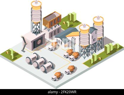 Concrete factory. Machinery manufactory production industrial concept cement mixer machine and tanks vector isometric Stock Vector