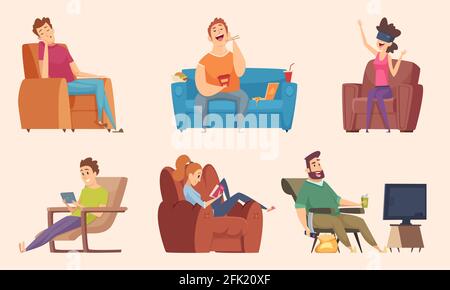 Sedentary lifestyle. Man and woman sitting relaxing eating food lazy working fat unhealthy characters watching tv vector cartoons Stock Vector