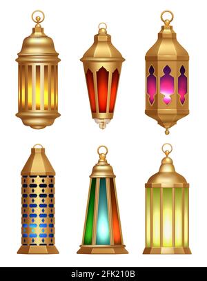 Islamic lamps. Ramadan lanterns arabic vintage golden lighting lamps vector realistic pictures Stock Vector