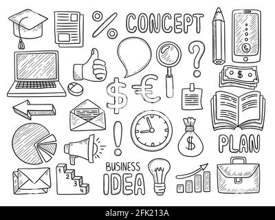 Business doodles. Creative items for work money office computer note pen education tools manager items vector hand drawn collection Stock Vector