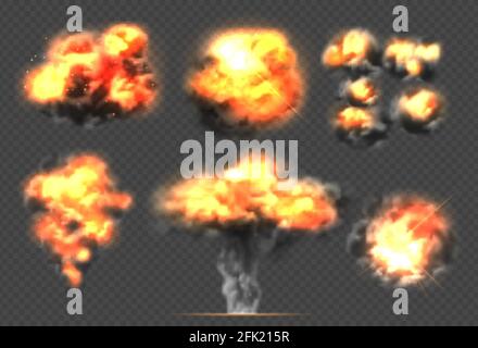 Exploding bomb. Light effect smoke and fireball dramatic explosions clouds vector template Stock Vector