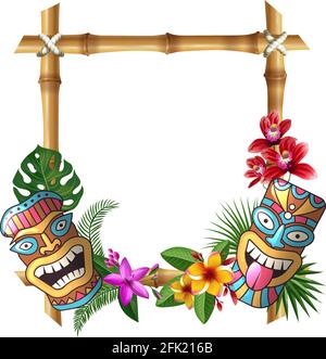 Tiki mask and frame. Hawaii authentic background bamboo square sticks exotic flowers and plants wooden totem vector cultural object Stock Vector