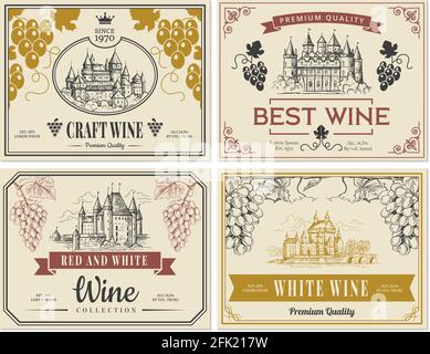 Wine labels. Vintage images for labels old medieval castles and towers architectural objects vector template Stock Vector