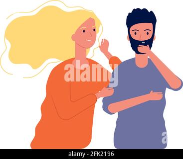 Gossiping male female. Woman speaking with man to ear some secrets whispering vector characters Stock Vector