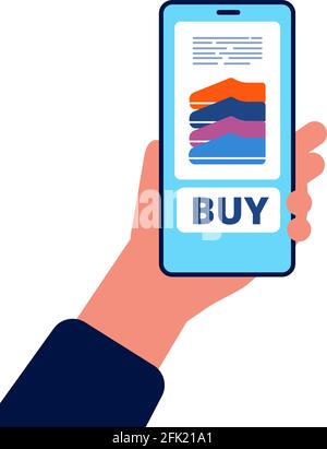 Online shopping. Hand holding smartphone press button to check out product online purchasing buying vector concept Stock Vector