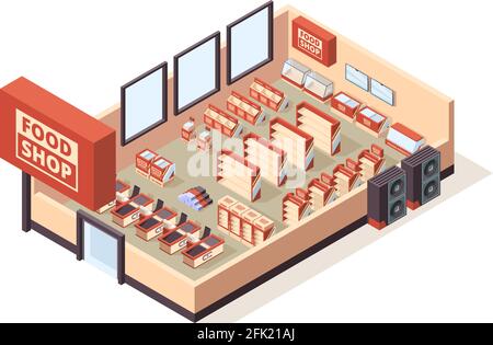 Grocery shop interior. Supermarket indoor furniture checkout tables shelves products shopping carts vector isometric store equipment Stock Vector