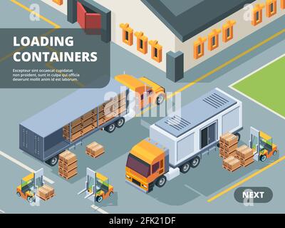 Logistic concept. Warehouse loading containers shipping transportation retail workers tracking industrial technology vector isometric Stock Vector