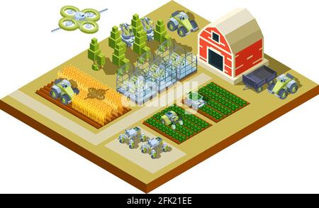 Smart farm buildings. Big household agriculture machinery feed tractors harvesters working field automatical control vector isometric Stock Vector