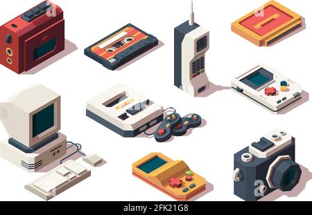 Retro devices. Cell phone old smartphone cameras photo vhs music and game console player computer vector isometric collection Stock Vector