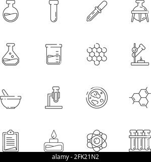 Chemistry icon. Science molecular biology laboratory test tubes beakers vector linear symbols collection Stock Vector