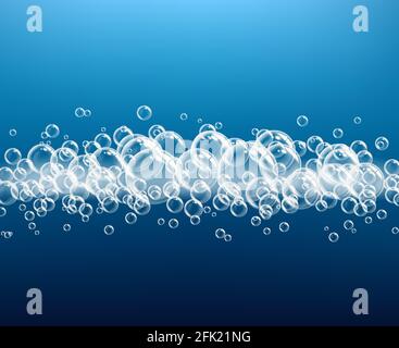Foam realistic. Soapy transparent balls on dark background macro gel blow powder oxygen vector Stock Vector