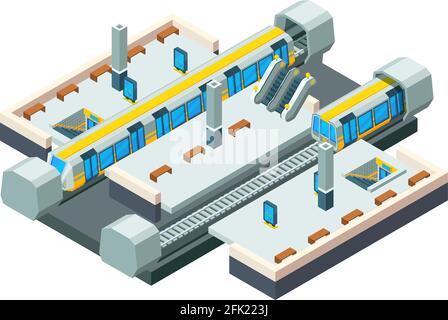 City metro station. Urban subway tunnel with railway train vector isometric low poly station background Stock Vector