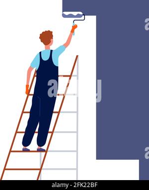 Worker painting wall. Home repair service man in special professional costume standing on ladder and painting renovation house room vector Stock Vector