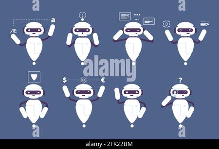 Chatbot robot. Online mascot cute character walking standing talking funny poses vector chatbot Stock Vector