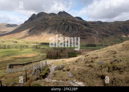 The Langdale Pikes viewed from the path down from the Blea Tarn road Stock Photo