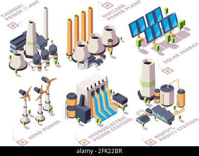 Energy systems. Powerful nature factories electric solar panels turbine windmills vector isometric green energy Stock Vector