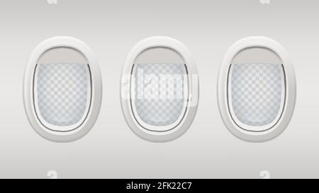 Airplane windows. Inside realistic plane windows vector template. Portholes grey background with transparent elements Stock Vector
