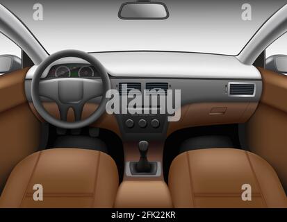 Automobile salon. Car interior template with leather seats and wheel colored dashboard mirror vector realistic picture Stock Vector