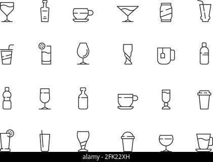 Drinks symbols. Cups and glasses of hot and cold drinks soda water coffee tea alcohol vector icons collection Stock Vector