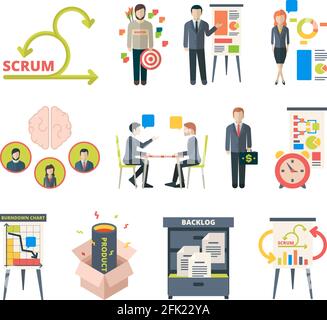 Scrum methodology. Project visualization in retrospective agile software collaboration meetings business work vector colored pictures Stock Vector