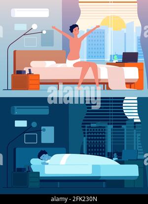 Man wake up. Male characters in bed night relax morning sitting and awakening vector flat person Stock Vector