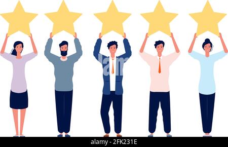 Rating concept. Characters holding gold five stars for positive feedback good review vector flat picture Stock Vector