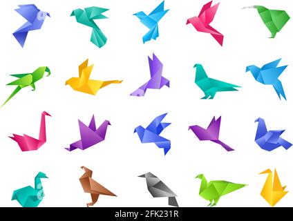 Origami birds. Stylized polygonal dove geometrical abstract shapes from clean paper vector animals isolated Stock Vector