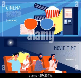 Cinema people banners. Happy couple watching films sitting in cinema hall vector concept Stock Vector