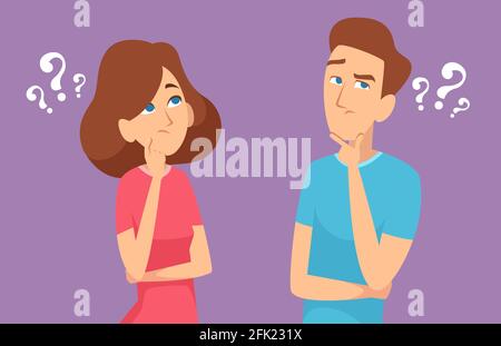 Thinking couple. Male and female characters expression standing and have a question face brainstorming emotions concept human thinks vector Stock Vector