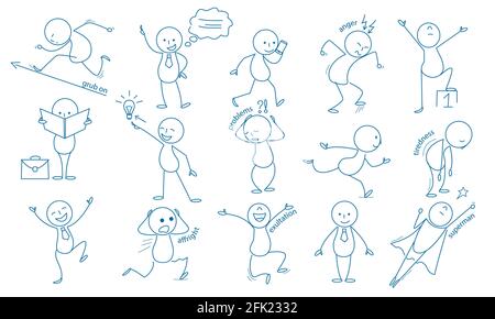 Business stickman. Hand drawn characters people figures expressions jumping running holding pointing vector business set Stock Vector