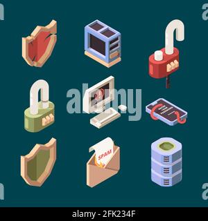 Hacker isometric. Cyber security email spam computer viruses online ddos attack bugs protection information lan theif vector pictures Stock Vector