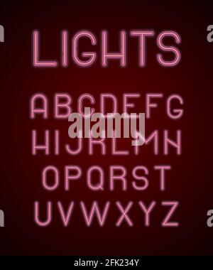 Neon colored alphabet. Letters glowing 3d lamp light vector font isolated Stock Vector