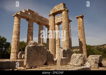 The Temple of Zeus in the centre of the Sanctuary of Zeus at Nemea Peloponnese Greece. Stock Photo