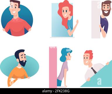 People peeking out. Man woman kids in framework look and standing balcony in house vector characters Stock Vector