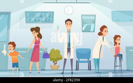 Kids vaccination. Doctor in clinic medication childrens cartoon vector background healthcare concept Stock Vector