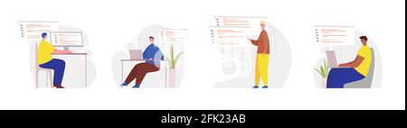 Set of programmers working on web development on computers. Concept of script coding and programming in php, python, javascript, other languages Stock Vector