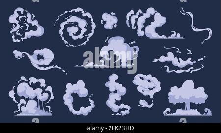 Cartoon smoke. Vfx comic bang clouds explosion of bomb speed storm motion wind vector art collection Stock Vector