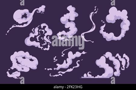 Comic smoke. Cartoon smell explosion vfx clouds of wind vector set Stock Vector