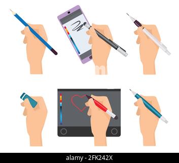 Hands holding pen. Writing items pens markers tools for writers vector cartoon set Stock Vector