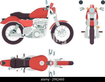Motorbike side view. Cycle transportation freedom moto route vehicle styling 1950s vector flat pictures Stock Vector